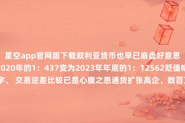星空app官网版下载叙利亚货币也早已崩盘好意思元对叙镑汇率由2020年的1：437变为2023年年底的1：12562贬值幅度超96%而财政赤字、 交易逆差比较已是心腹之患通货扩张高企、数百万东说念主的休闲失所以及浩大的食粮安全问题才是叙利亚最进击的问题字据天下食粮推断署新发布的“食粮安全数据”称叙利亚约有60％的东说念主口“无法依期获取足够的安全和养分食物”数百万东说念主不得欠亨过“令东说念主颓丧